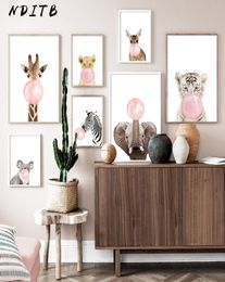 Pink Bubble Elephant Giraffe Child Poster Animal Wall Art Canvas Nursery Print Painting Nordic Kid Baby Room Decoration Picture1804185