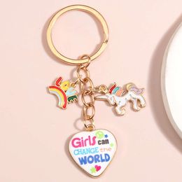 Cute Enamel Keychain Love Rainbow Unicorn Heart Ring Girls Can Change The World Key Chains For Women Handmade Jewelry Gifts