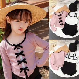 Girls Korean Fashion Bow Toddler Swimsuit Black Pink Color Swimwear Hat Set Summer Kids Clothes for Girl L2405