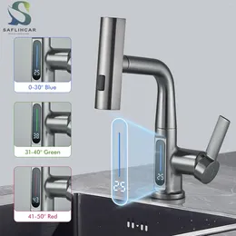 Bathroom Sink Faucets Waterfall Pull Out Kitchen Faucet With Digital Display Cold Mixer Smart Grey Style
