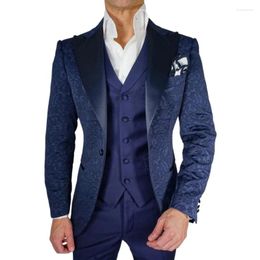 Men's Suits Navy Blue Jacquard Elegant For Men 3PCS Blazer Vest Pants Customised White /Black Wedding Groom Tuxedo Costume Homme