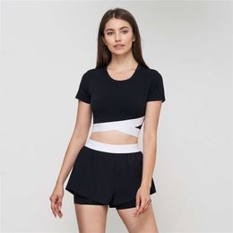 Summer Tee Lu Align Short Sleeve Gym Workout Cross Waist Sports Tshirt Women Gym Crop Top Compression Yoga Shirts Comfortable Sport Workou