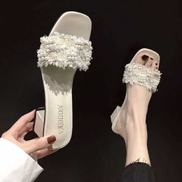 Dress Shoes 2023 Summer White Crystal Rhinestone Slippers Work Jewellery Womens and Sandals Up to 5cm High Heel Sexy I H240527 0PZC