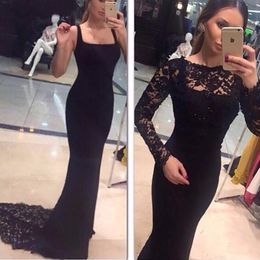 Black Sexy Two Pieces Long Evening Dresses Mermaid Scoop Neck Lace Appliques Beaded Long Sleeve Black Prom Gown 242N