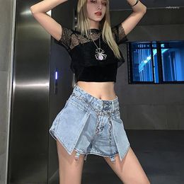 Women's Jeans Hip Hop Denim Women Chain Pants Metal Buckle Broken Cut Out Trendy Trousers Split Female High Waist Hippie Streetwear