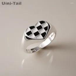 Cluster Rings Uini-Tail 925 Tibetan Silver Black And White Lattice Heart-shaped Open Ring Fashion Temperament Simple Epoxy JK206