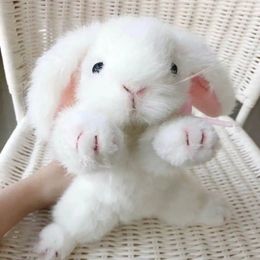 Super High Quality Simulation Plush White Rabbit Lifestyle Rex Bunny Neck Bow Home Decor Girl Room Decor Stuffed Animal Doll 240523