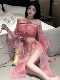 Casual Dresses Sexy Hanfu Ancient Style Uniform Dress Elegant Sweet Mesh Lace Sheer Transparent Pink Korean Women Tops 2024 GY3J