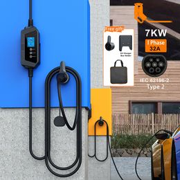 Type2 Cable 32A 7KW Fast Charging for Electric Car with Adjusting Current Setting Charging Time Smart Portable EV Charger