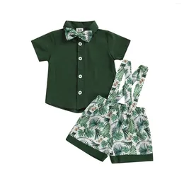 Clothing Sets Born Boys Two-Piece Outfits Short Sleeve Turn-Down Collar Bow Tie Decor Shirt Leaf Printed Pants