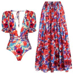 Women's Swimwear Colourful Printed One Piece Swimsuit Dp V Sexy Cutout Backless Bikini and Skirt Halter Swimwear Elegant Puff Slves Beachwear T240523