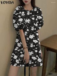 Casual Dresses 2024 VONDA Bohemian Women Floral Printed Mini Dress Loose Vintage Summer Sundress Fashion Short Puff Sleeve Elegant Robe