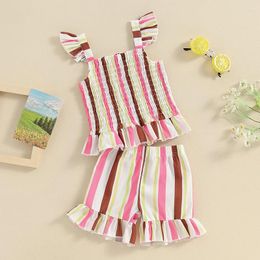 Clothing Sets Girls Summer 2 Piece Set Square Neck Striped Cami Tops Elastic Waist Frill Trim Shorts Infant Toddler Contrast Color Outfits