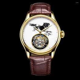 Wristwatches AESOP Tourbillon Skeleton Watch For Men Double-Sided Gemstone Glass Fine Steel Case Waterproof Mechanical Watches Ink Painting