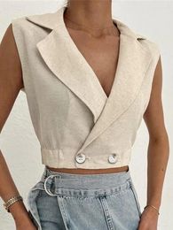 Women's Tanks 2024 Summer Women Solid Khaki Linen Tank Tops Sleeveless V-neck Vest Crop For Female