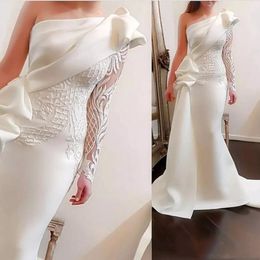 Real Pics One Shoulder Mermaid Long Party Prom Dresses 2020 Long Sleeves Satin Ruched Ruffles Applique Sweep Train Formal Evening Dress 248L