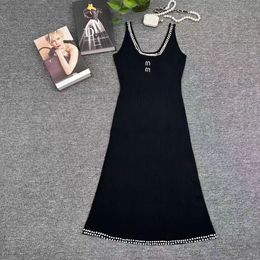 French heavy industry studded with diamond nail bead letter embroidery knitted slip dress women's summer new round neck slim dress son