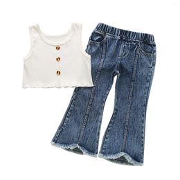 Clothing Sets Toddler Little Summer Outfits Baby Girl Solid Color Round Neck Button Tank Top Frayed Hem Pocket Flared Jeans 18M-6T