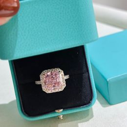 Luxury 925 Sterling Silver Big Pink Radiant cut Diamond Gemstone Rings For Women Charm Engagement Wedding Ring Female Jewelry