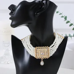 Headpieces Moroccan Women Necklace Square Style Pearl Chain Gold Plated Rhinestone Arabic Wedding Headwear Ladies Party Valentines Gifts