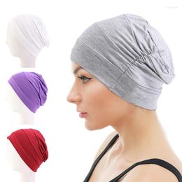 Berets Women Cotton Slouch Beanie Chemo Cap Wwith Button Solid Colour Bonnet Inner Hijabs Muslim Headscarf ElasticTurban Hat