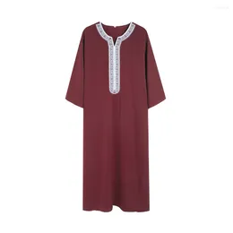 Ethnic Clothing Muslim Men Jubba Thobe Short Sleeve Solid Colour Embroidery Breathable Traditional Islamic Saudi Arabia Kaftan Abaya