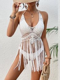 Women's Crochet Bikini Cover Ups Sleeveless Halter Neck Hollow Out Tassel Tops Swimsuit