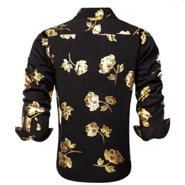 Men's Dress Shirts Hi-Tie Black Gold Silk Mens Summer Spring Long Sleeve Lapel Shirt Hawaii Soft Blouse For Male Wedding Business Oversized