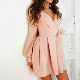 Casual Dresses Sexy Party Dress For Women A-Line Pink Color Mini Belt V-Neck Pleated Long Sleeve Female Vestido Spring 2024 Elegant