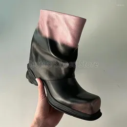 Boots Square Toe Thick Soled Motorcycle Black Pink Mixed Colours Chunky Heels Short Booties Street Style Slip On Female Shoes