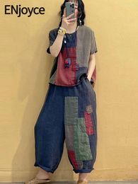 Women's Two Piece Pants ENjoyce Vintage Patchwork Cotton Linen Shirt And Harem 2 Sets Women Casual Oversized Korean Fashion Suit Outfiits