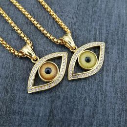 Turkish Eye Pendant With 14K Gold Chain And Iced Out Bling Rhinestones Amulet Necklace Hip Hop Turkish Jewelry
