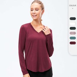 Lu Align Long Sleeve Shirt Wholesale high-quality women's long-sleeved gym sweat dry T-shirt sports v-collar loose plus-size shirt women