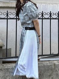 Work Dresses Beautiful Set Women Plaid Bubble Sleeved Shirt High Waist Pleated Spliced Contrast Skirt 2024 Summer Tide Two-piece Suits Y300