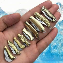Camping Hunting Knives Mini Pocket Knife Brass Keychain Stainless Steel Pendant Blade Cutting Machine Outdoor Tools Portable Folding Knife Open Box Q240522