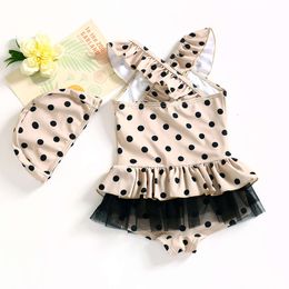 Korean Style Dot Print Children One-piece Swimsuit for Girls 2-8 Y Ruffle Swimwear Bathing Suit Girl Quick Drying with Cap L2405