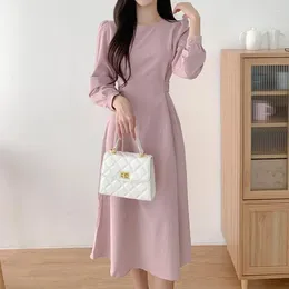 Casual Dresses Female Dress Elegant And Pretty Women's Office Autumn Korean Fashion Chiffon O-neck Lantern Sleeve Midi Ruffle