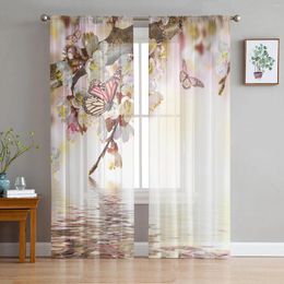 Curtain Flower Peach Blossom Branch Butterfly Water Wave Sheer Curtains Room Decoration Window Kitchen Tulle Voile