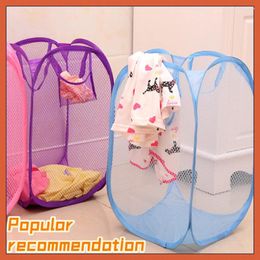 Storage Bags 1Pcs Candy Colour Nylon Mesh Fabric Foldable Large Laundry Basket Household Dirty Clothes Bag Washing Child Organisation