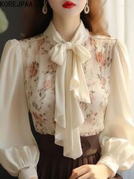 Women's Blouses Korejpaa French Style White Shirt Elegant Bow Lace Up Floral Printed Blouse Women Long Sleeve Top Blusas Femininas