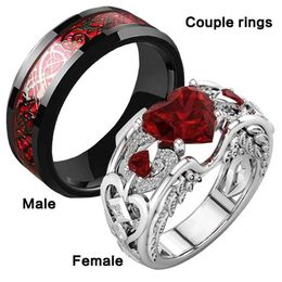 Couple Rings New Red Heart Rose Womens Valentine Ring Stainless Steel Pattern Mens Couple Ring Jewelry Wedding Band S2452301