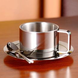 Stainless Steel Coffee Cups Set Doubledeck Thermal Insulation Mug Tea Milk with Saucer Mat Spoon 240523