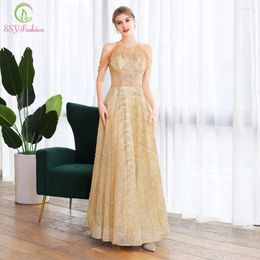 Party Dresses Clearance Sale Luxury Gold Evening Dress Sexy Halter Tassel Crystal Beading A-line Long Prom Formal Gowns Vestido De Noche