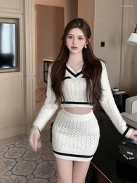 Casual Dresses Sexy Two Piece Set 2024 Autumn Winter Knitted Color Blocking Long Sleeve Top Mini Bodycon Skirts Party Tracksuits Outfits