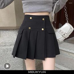Skirts MOUKYUN Woollen Pleated Mini Skirt Women Korean Fashion Autumn Winter Casual Button Patchwork High Waist A-line Streetwear