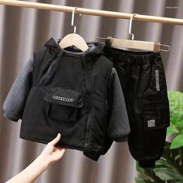 Clothing Sets Boys' Three-piece Vest Sweater Pants Spring Autumn Children's Plush Thick Set Loose Letter Korea Fashion Cargo Suits