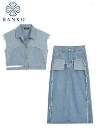 Work Dresses Sexy Grunge Fashion Outfits 2 Piece Set Women Off Shoulder Denim Turn-Down Collar Crop Top Edge Wrapped Hip Mid-Calf Skirt