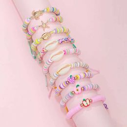 Jewellery Bangle 9 pieces/set Summer Beach Shell Fruit Charm Bead Soft Clay Bracelet suitable for girl friendship parties birthday Jewellery gifts WX5.21