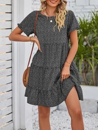 Casual Dresses Women S Elegant Floral Print A-line Dress With Short Sleeves And Round Neckline - Perfect For Summer Boho Style