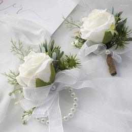 Decorative Flowers 2pcs Artificial White Rose Flower Wrist Corsage Wristlet Band Bracelet Groom Boutonniere Men Event Accessories Party